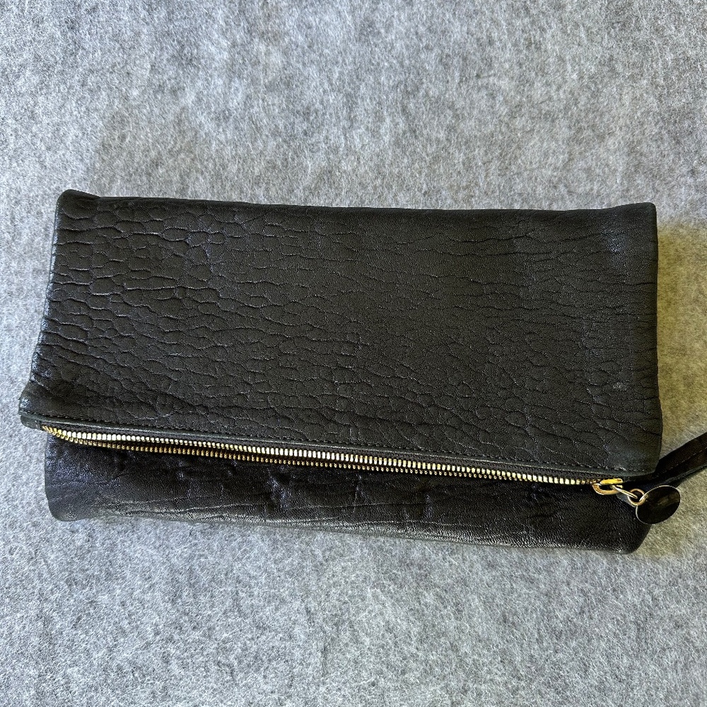 Clare V Black Textured Foldover Leather Clutch with Gold Zip